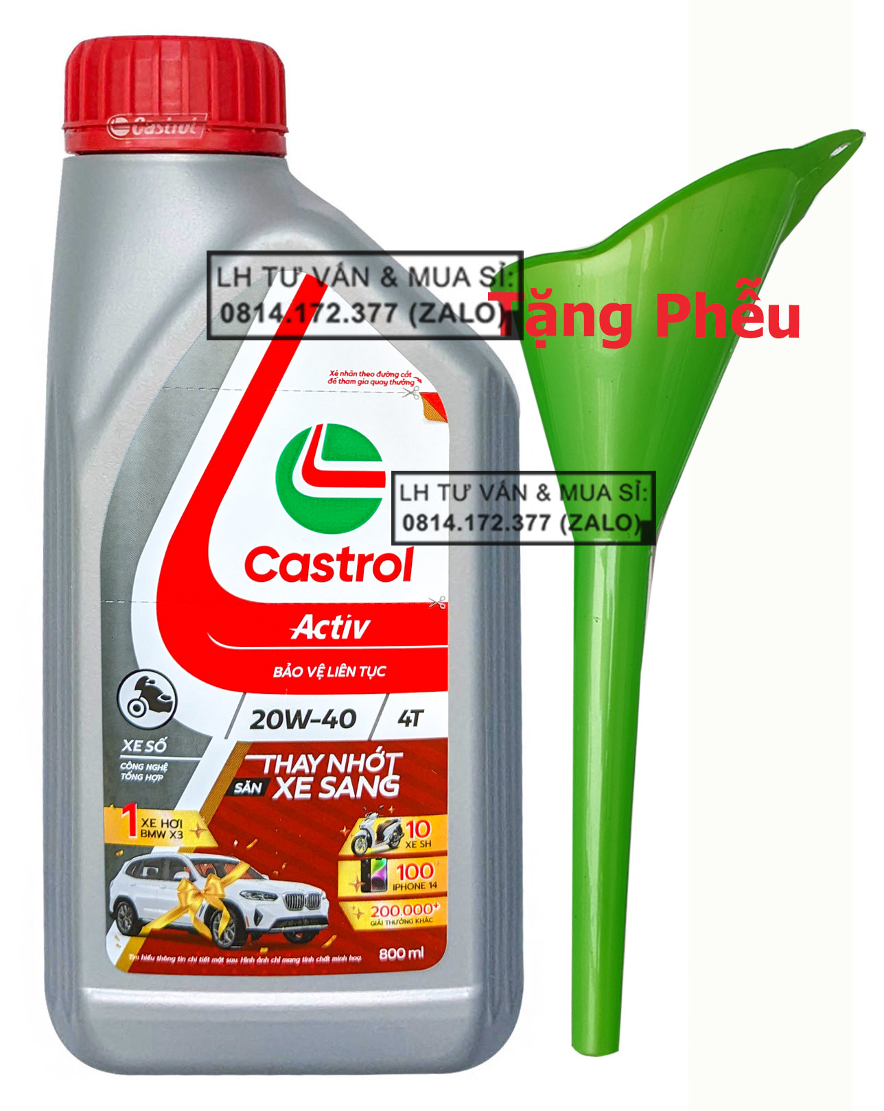 Dầu nhớt xe số castrol activ 20w40 800ml + tặng 1 phễu thay nhớt