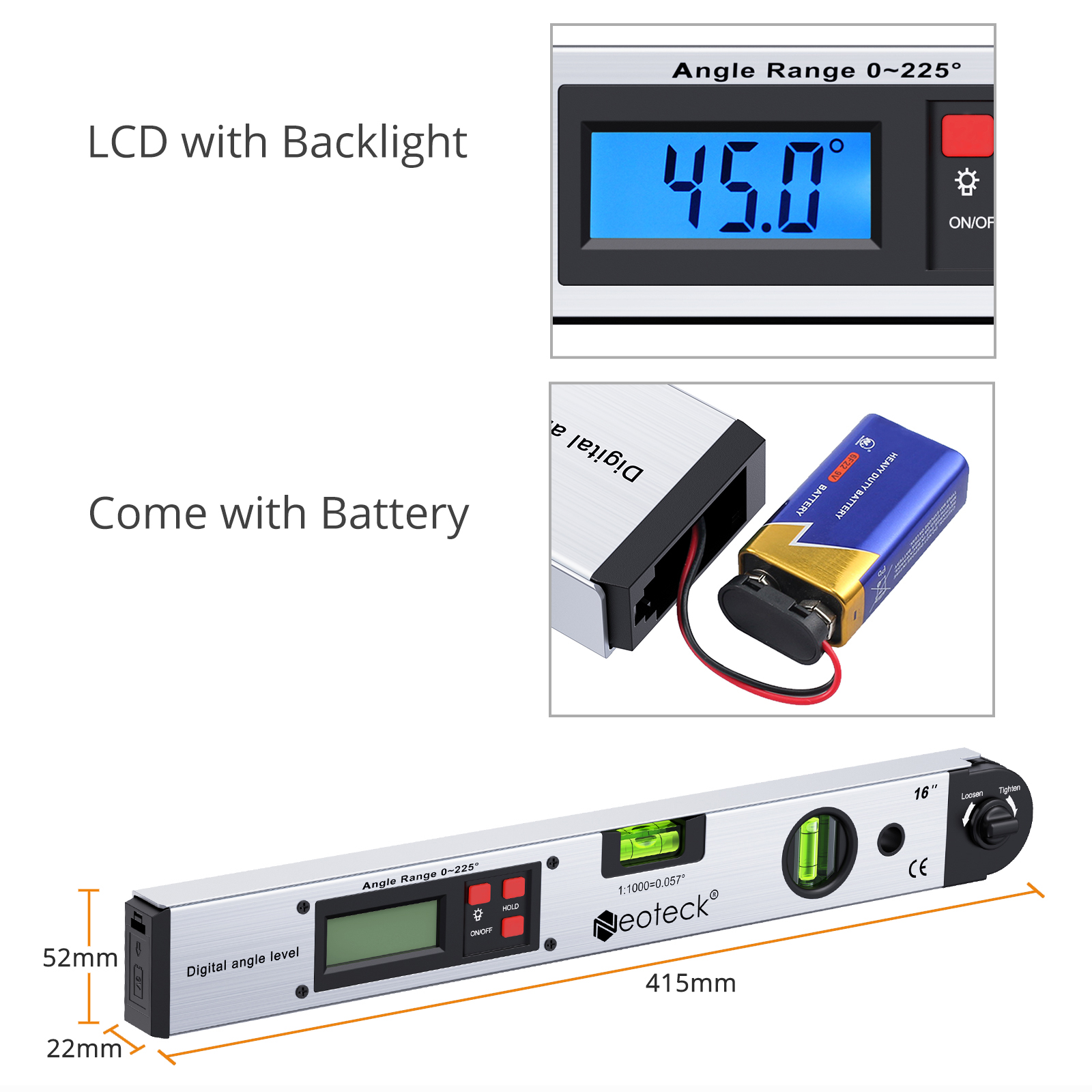 Neoteck 0~225° LCD Digital Protractor Spirit Level Angle Finder Gauge Meter