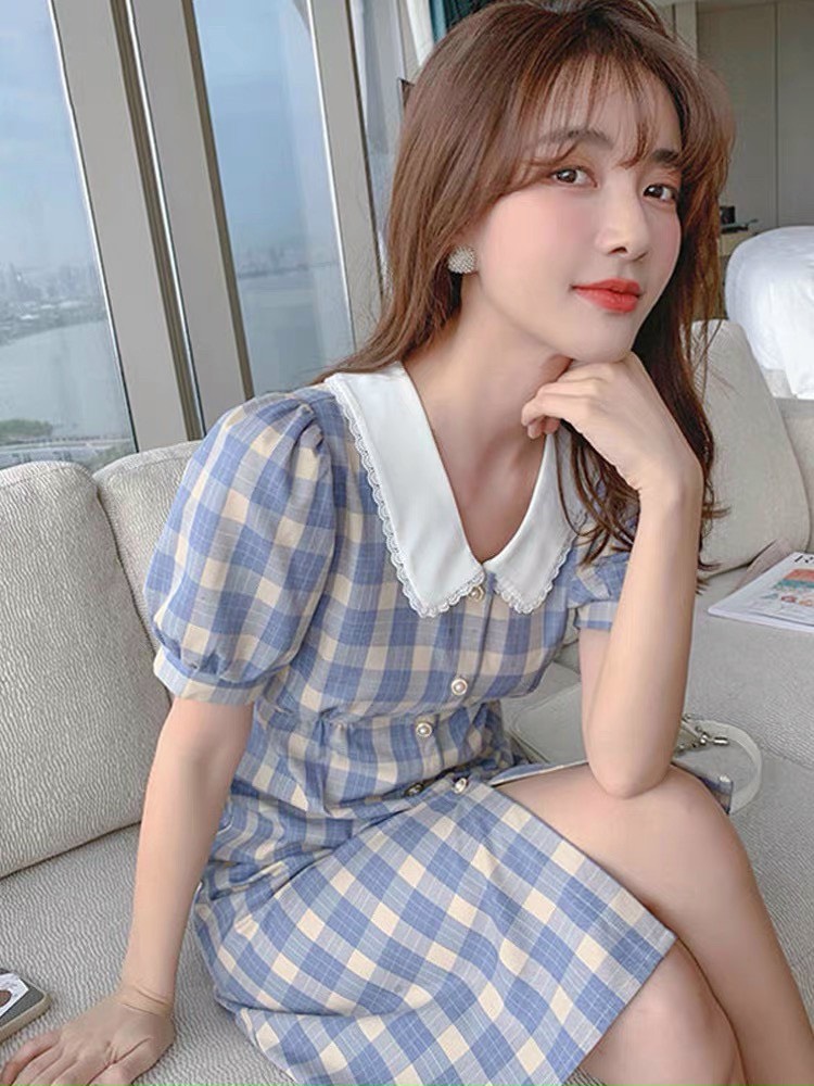 Đầm von lụa caro cổ bẻ gài nút tay ngắn dáng suông tiểu thư ttsa1946