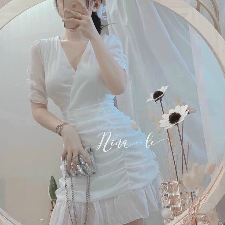 [HCM]Đầm kate ôm body cổ V  xinh sắn