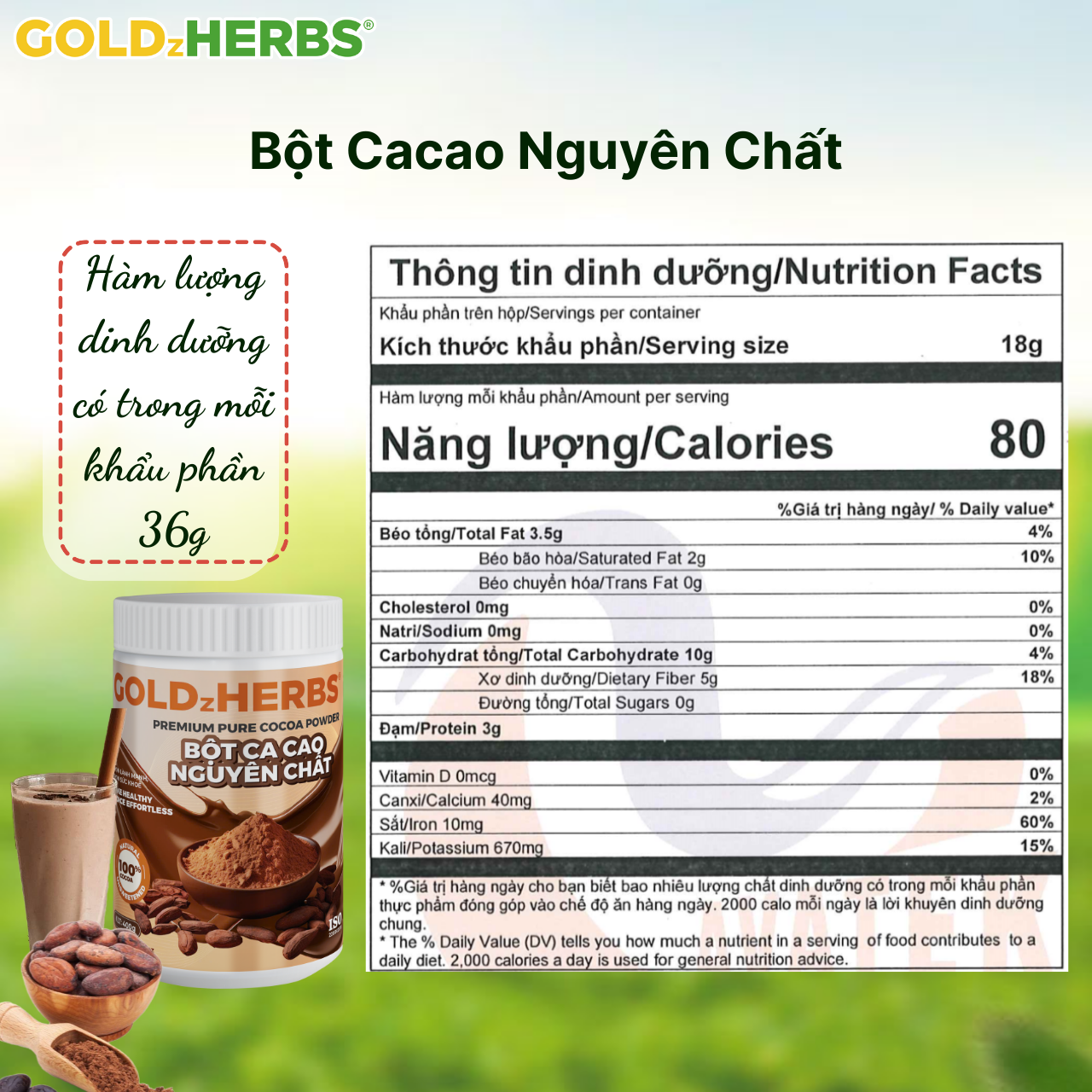 Bột cacao nguyên chất GoldzHerbs – 100% từ ca cao tự nhiên – Túi 500g