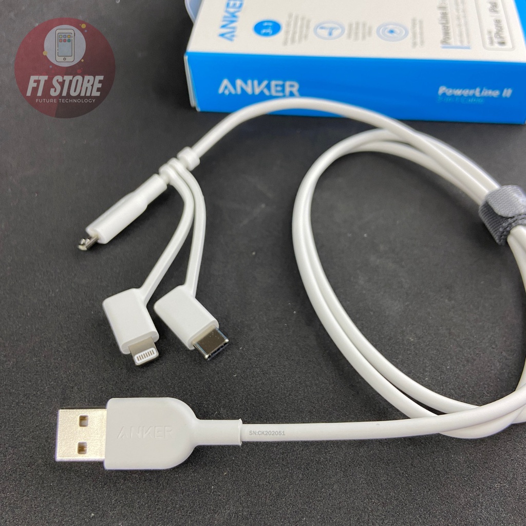 [GIAO HỎA TỐC]Cáp 3 in 1 Anker Powerline II 0.9M-A8436 (-Type C-Micro USB) dành cho IP/tablet táo/Android