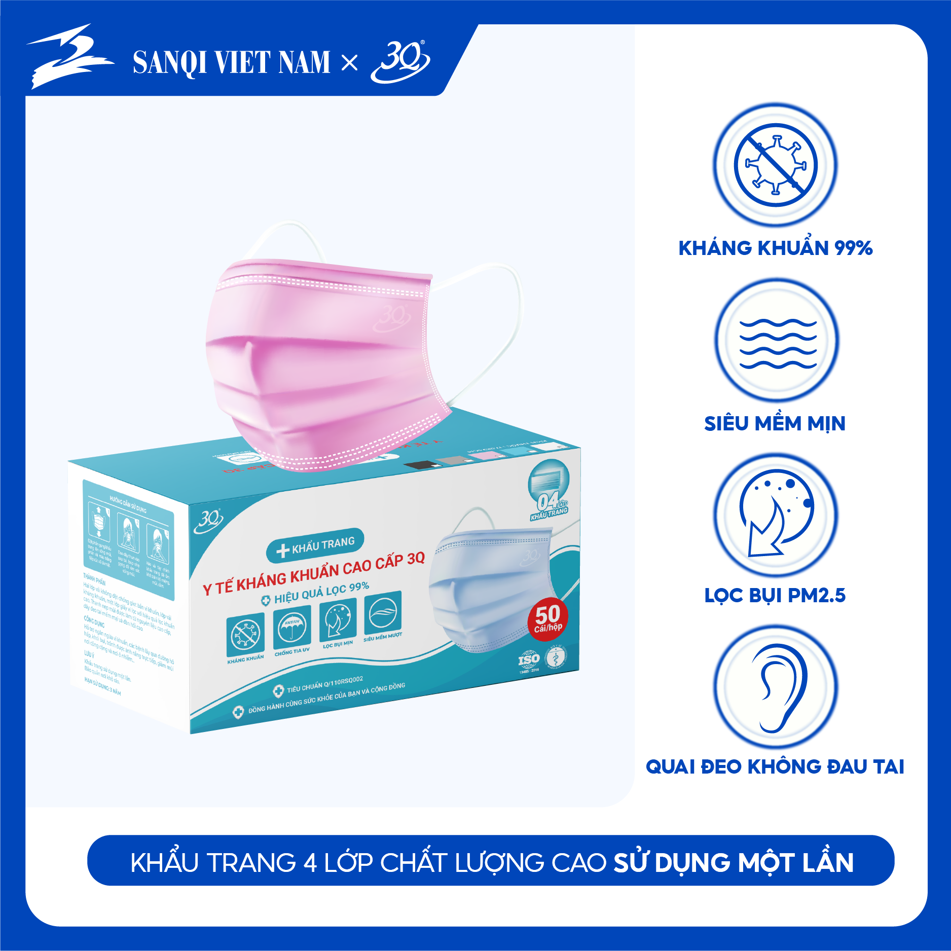 Giá Shock Chính hãng - Hộp 50 chiếc khẩu trang y tế 4 lớp kháng khuẩn- Khẩu trang 3Q chuẩn xuất khẩu