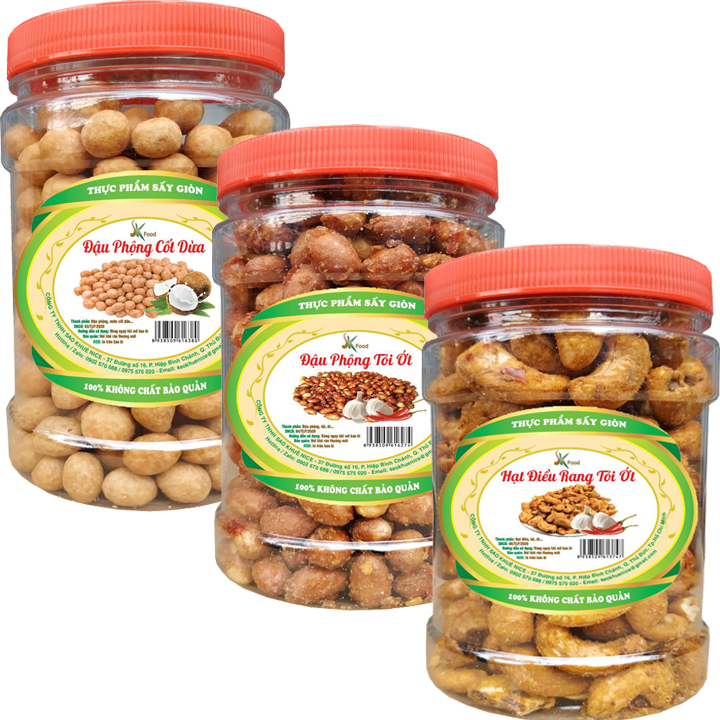Combo 3 hũ: ĐẬU PHỘNG CỐT DỪA - ĐẬU PHỘNG TỎI ỚT - HẠT ĐIỀU SẤY TỎI ỚT MỖI HŨ 200G HIỆU SK FOOD