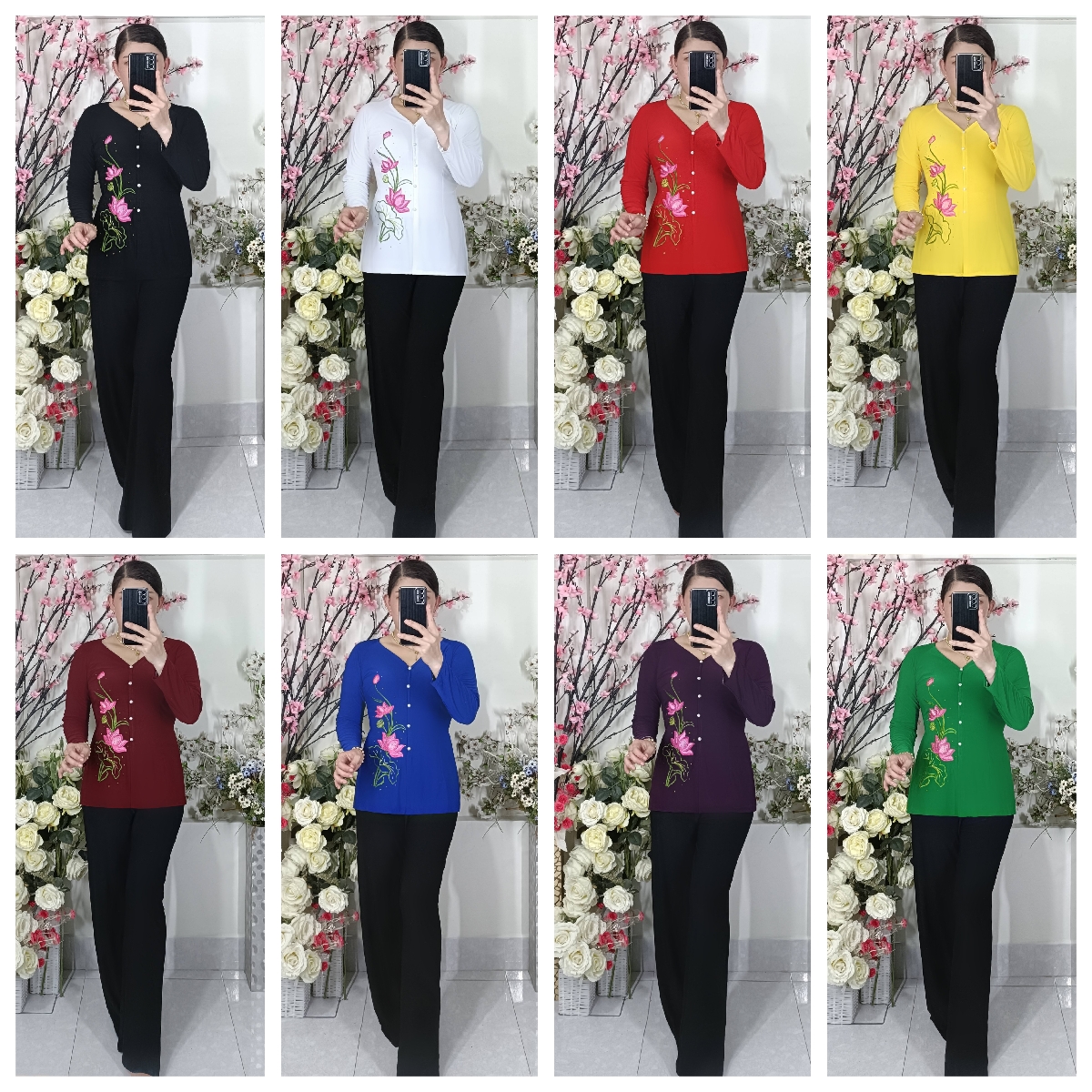 Bộ_Thêu Sen (Áo Lẻ Thêu + Quần Đen Ống Rộng)