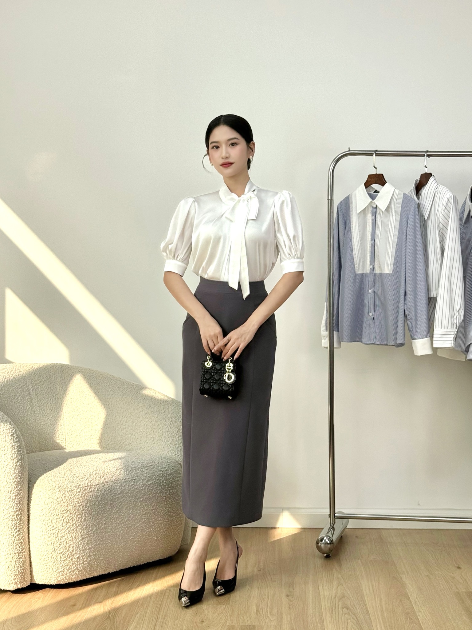 Áo sơ mi lụa trắng tinh cổ nơ HUONG BOUTIQUE BSSM38