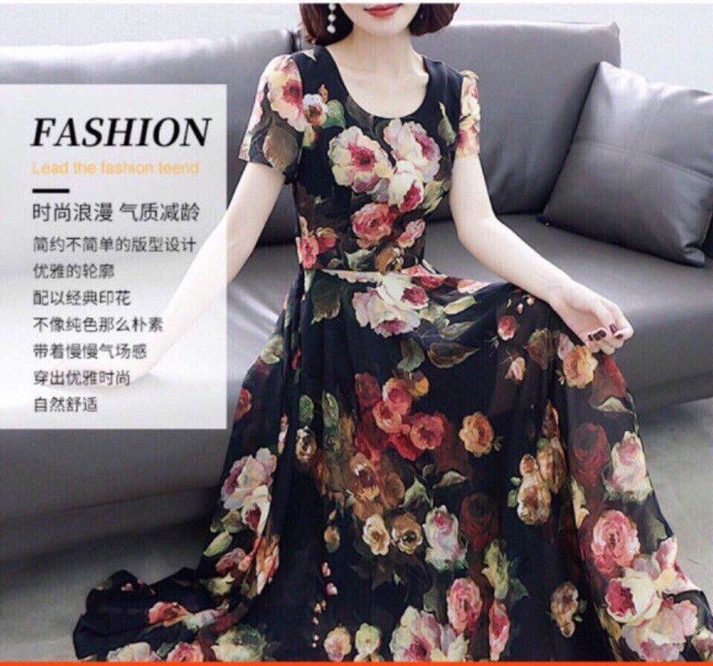 [Hoàn Tiền 25-27/4][HCM]ĐẦM XÒE MAXI HOA HỒNG DÁNG DÀI SANG TRỌNG. QC280687