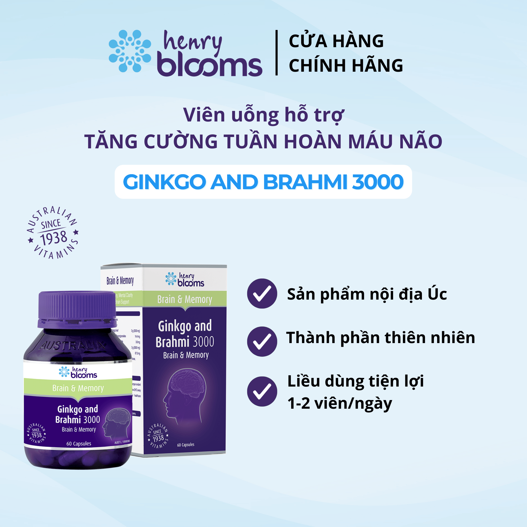 TPBVSK Henry Blooms Ginkgo & Brahmi 3000 (60 viên/30 viên) Viên uống hỗ trợ hoạt huyết tăng cường tuần hoàn máu não - thực phẩm chức năng tuần hoàn máu não
