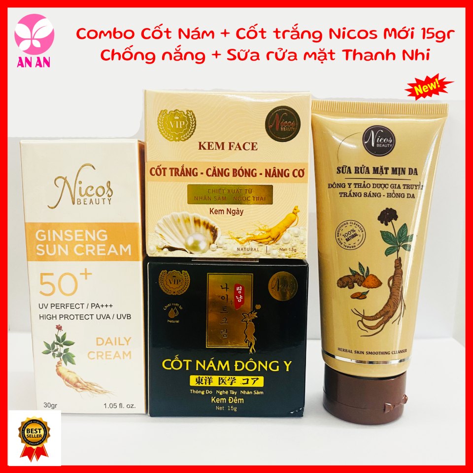 Combo Cốt Nám Đông Y Nicos + Cốt trắng + Sữa rửa mặt + Kem chống nắng Nicos Thanh Nhi