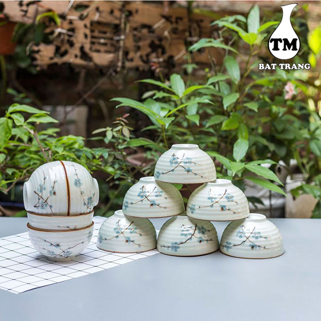 Bát chén ăn cơm men kem hoa đào xanh vẽ tay gốm sứ bát tràng trung hanh bat trang ceramics