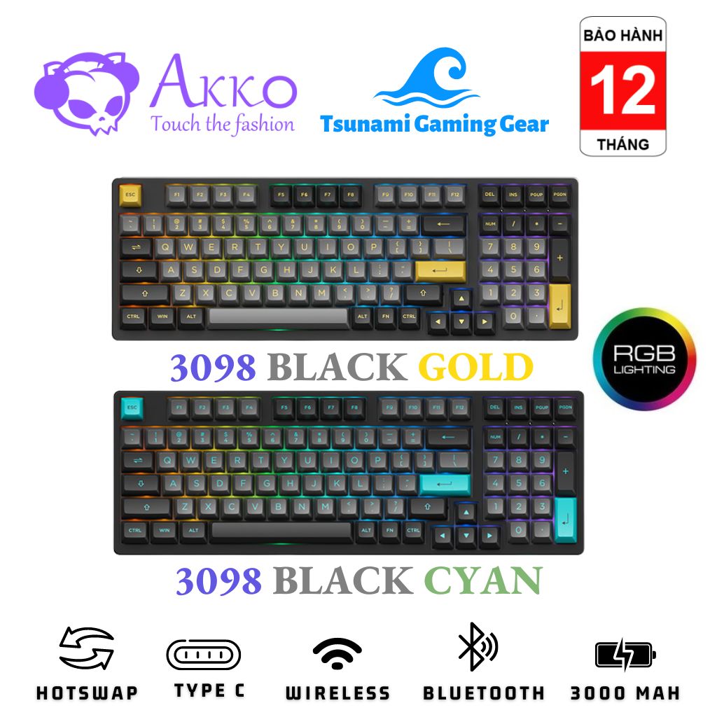 Phím cơ không dây AKKO 3098N Multi-modes Black Gold | 3098B Multi-modes Black Gold | 3098B Multi-modes Black Cyan I RGB | BT 5.0 | Wireless 2.4Ghz | Hotswap