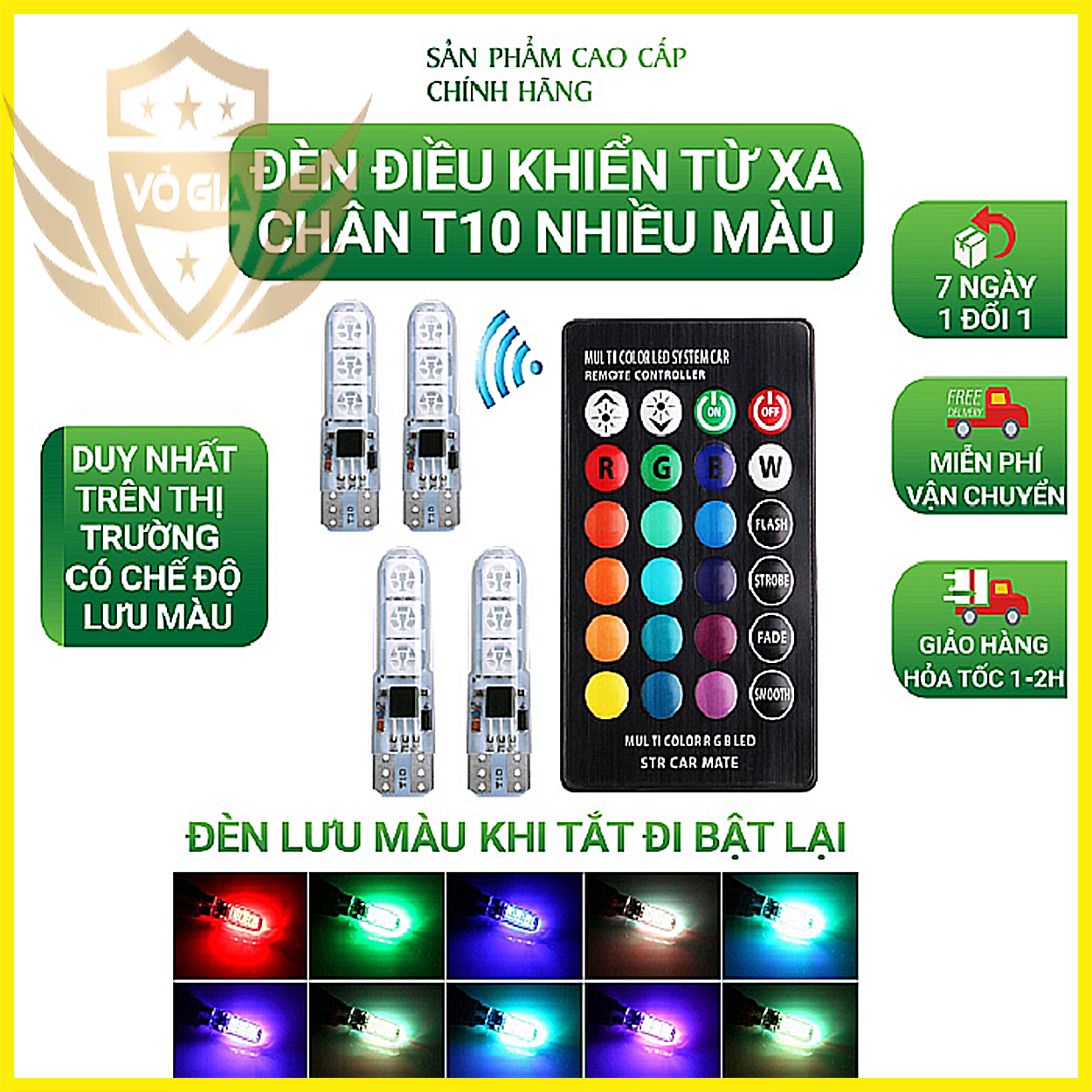 Bộ 2 đèn LED T10 emi điều khiển nhiều màu 6 SMD LED RGB T10 5050 siêu sáng