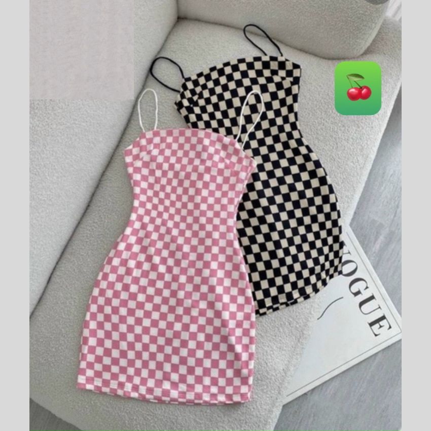 đầm 2 dây bún caro chất thun gân-ringu shop