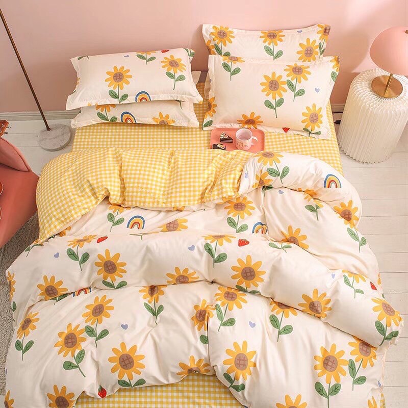 Bộ chăn ga gối cotton poly hoa hướng dương vàng mới