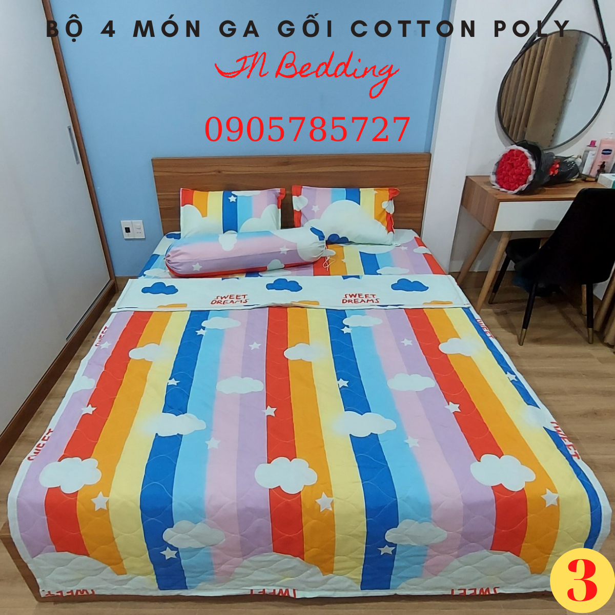 [Siêu rẻ] Bộ  Ga Gối Coton Poly 4 món( ga, 2 vỏ gối nằm, 1 vỏ gối ôm)