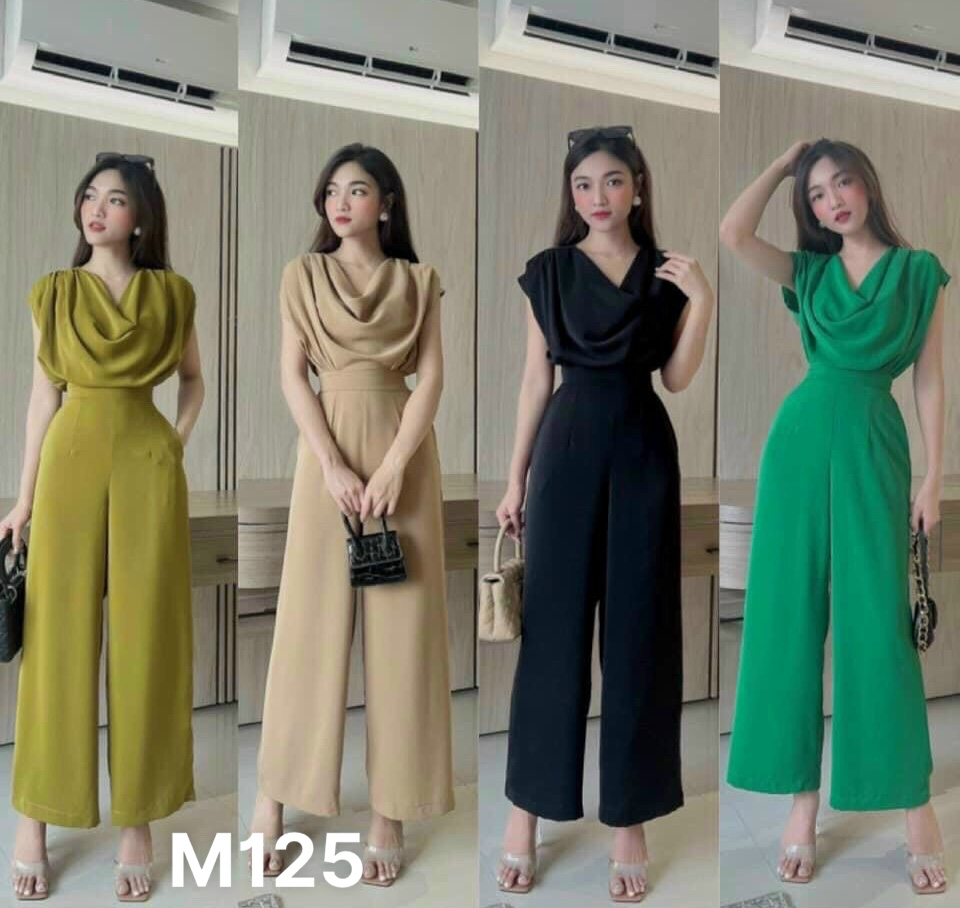 Jumpsuit nữ sát nách vải lụa cổ đổ dáng dài trơn M125
