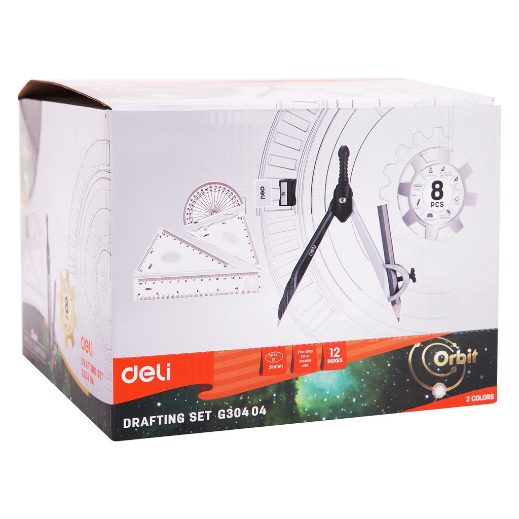 Bộ Compa học sinh DELI, Đen - Gồm 8 dụng cụ EG30404
