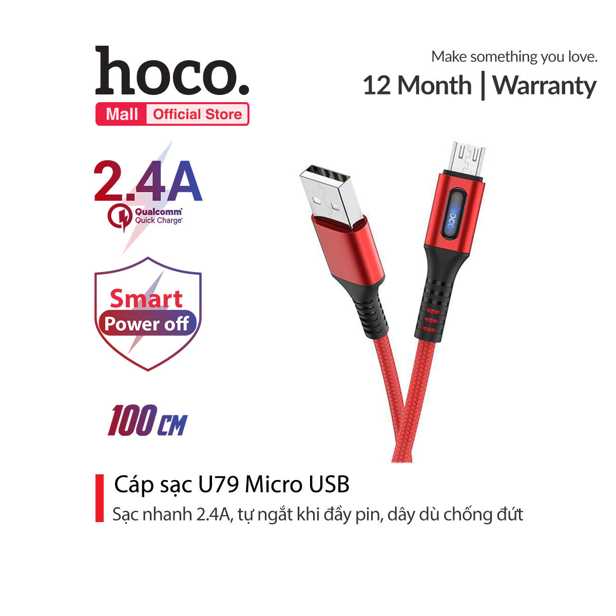 Cáp sạc Hoco U79 ( Micro ) hỗ trợ sạc nhanh 2.4Atự ngắt sạc khi đầy pin tích hợp đèn báo ngay chuôi sạc chiều dài 1.2m
