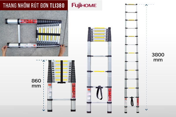 Thang nhôm rút đơn 3,8m- 4,4m- 5m gấp gọn chính hãng nhập khẩu fujihome ,thang rút xếp gọn gia đình đa năng nhật bản-bảo hành 1 năm