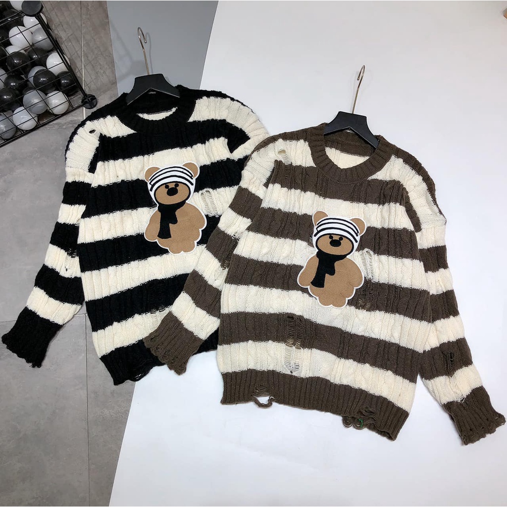 Áo len gấu kẻ ngang cute sang chảnh(kèm ảnh thật và video)