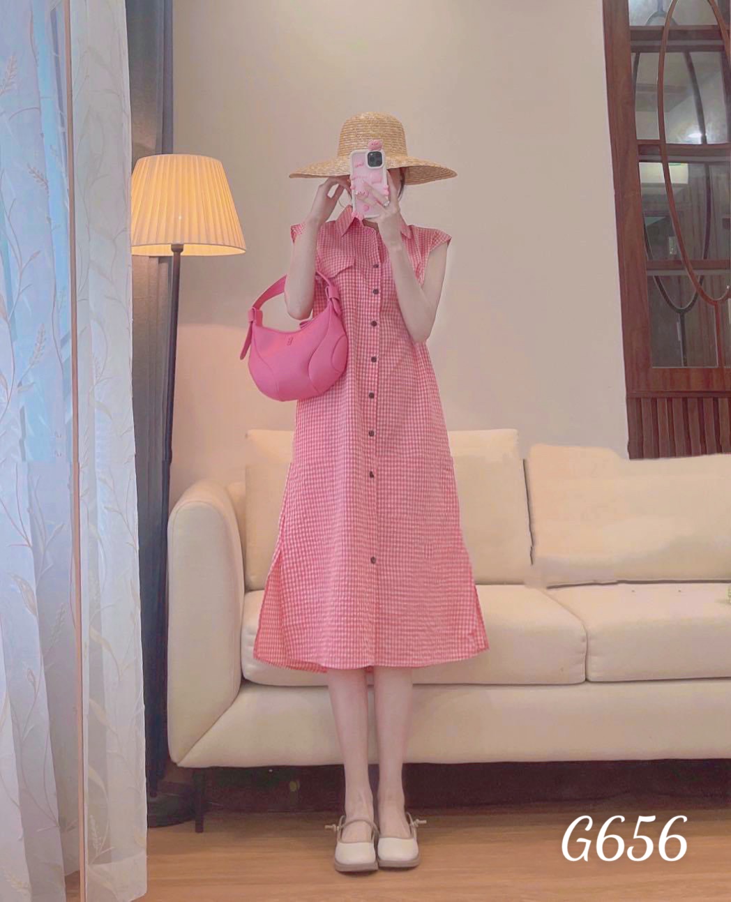Đầm dáng suông kiểu sơmi kate caro cột nơ eo sát nách G656