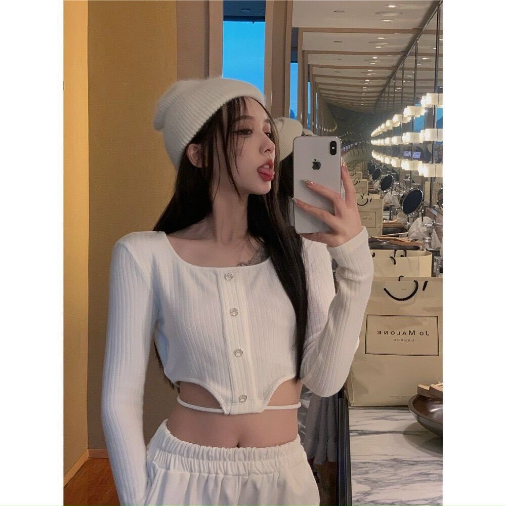 Áo Croptop Gân Tay Dài Khoét Eo Dây