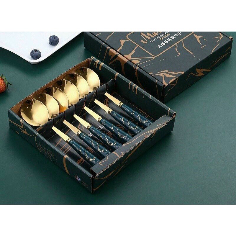 thìa cán sứ mạ vàng set 6 chiếc cao cấp V167