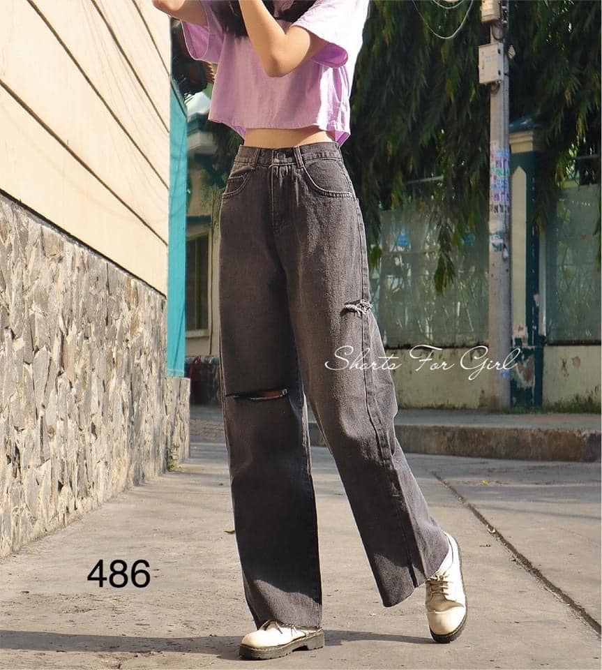 ( KÈM ẢNH THẬT) QUẦN JEAN BAGGY BÒ ỐNG RỘNG CẠP CAO RÁCH GỐI VIỀN CHỈ MÀU XÁM KHÓI THỜI TRANG NỮ CỰC CHẤT PHUONGMART