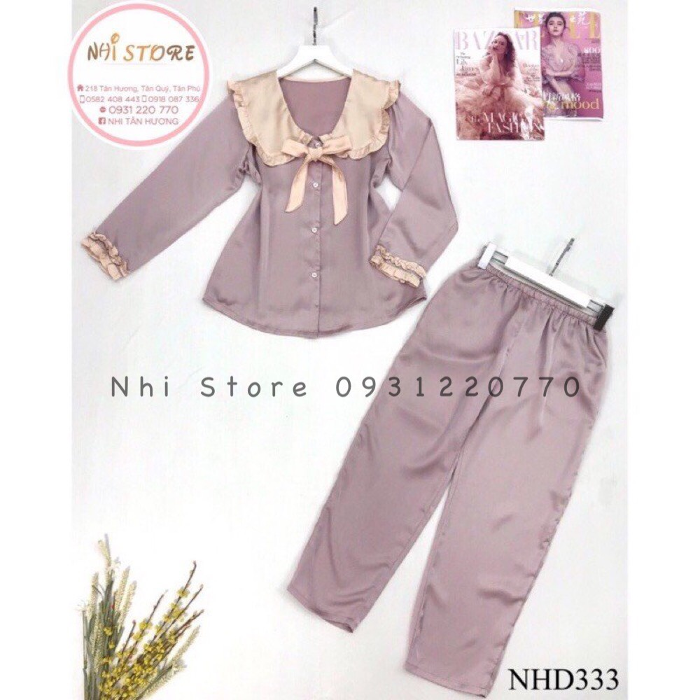 Bộ lụa pijama - bộ quần dài tay dài lụa satin tiểu thư cổ phối bèo nơ freesize 45-60kg