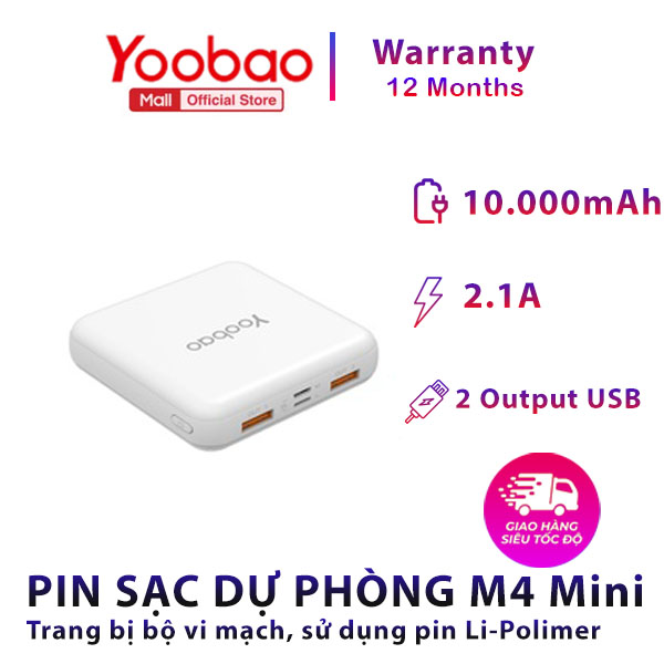 Sạc dự phòng Yoobao M4 mini 10000mAh Pin Li-Polymer cho điện thoại, máy tính bảng... Thiết kế nhỏ gọn, tiện lợi - Hàng phân phối chính hãng - Bảo hành 12 tháng 1 đổi 1