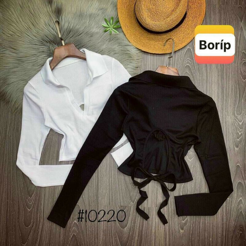 Áo crop cổ bẻ buộc nơ tay dài