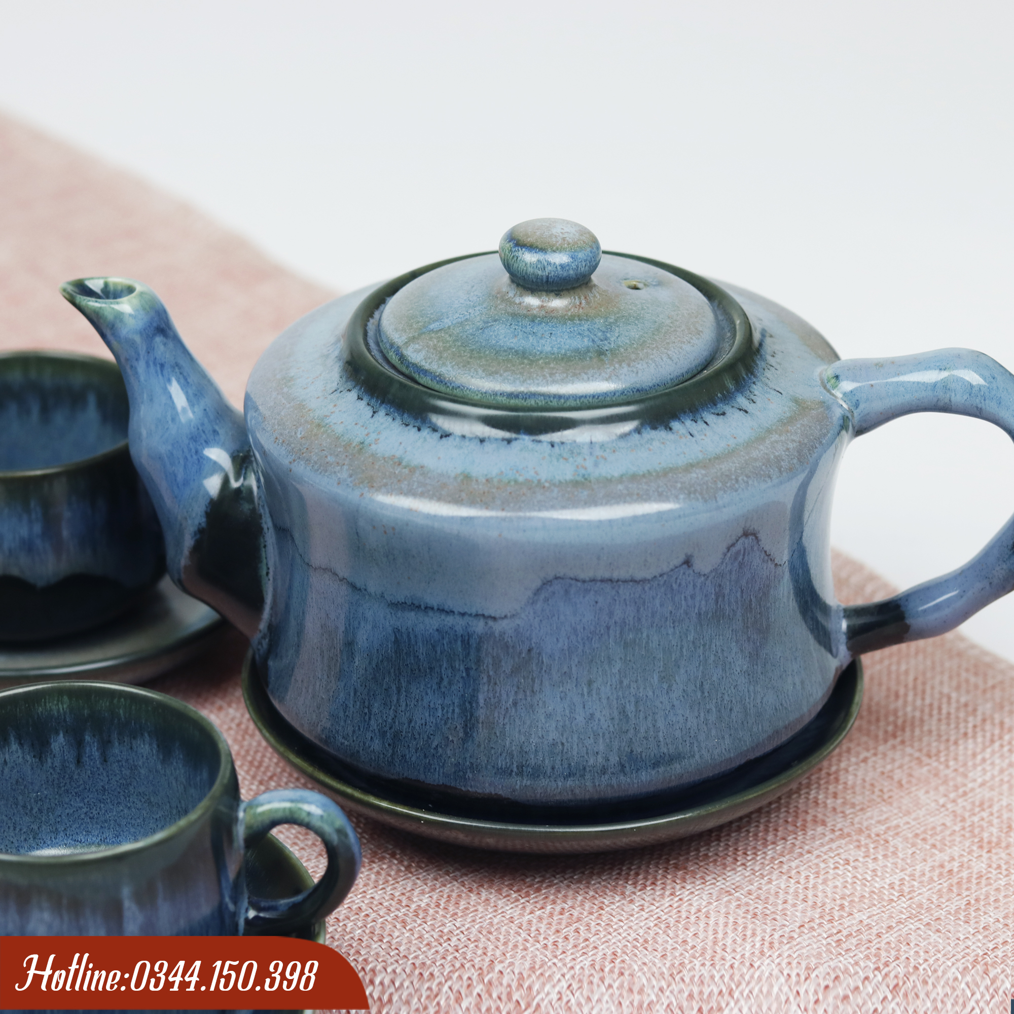 Bộ ấm chén men hỏa biến Bát Tràng màu xanh đá 2