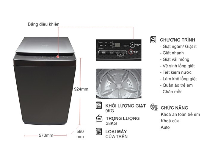 [TRẢ GÓP 0%] Máy Giặt Sharp 9 Kg ES-Y90HV-S Model mới 2021 (Giá áp dụng giao tại HN, HCM& các tỉnh liên hệ shop)