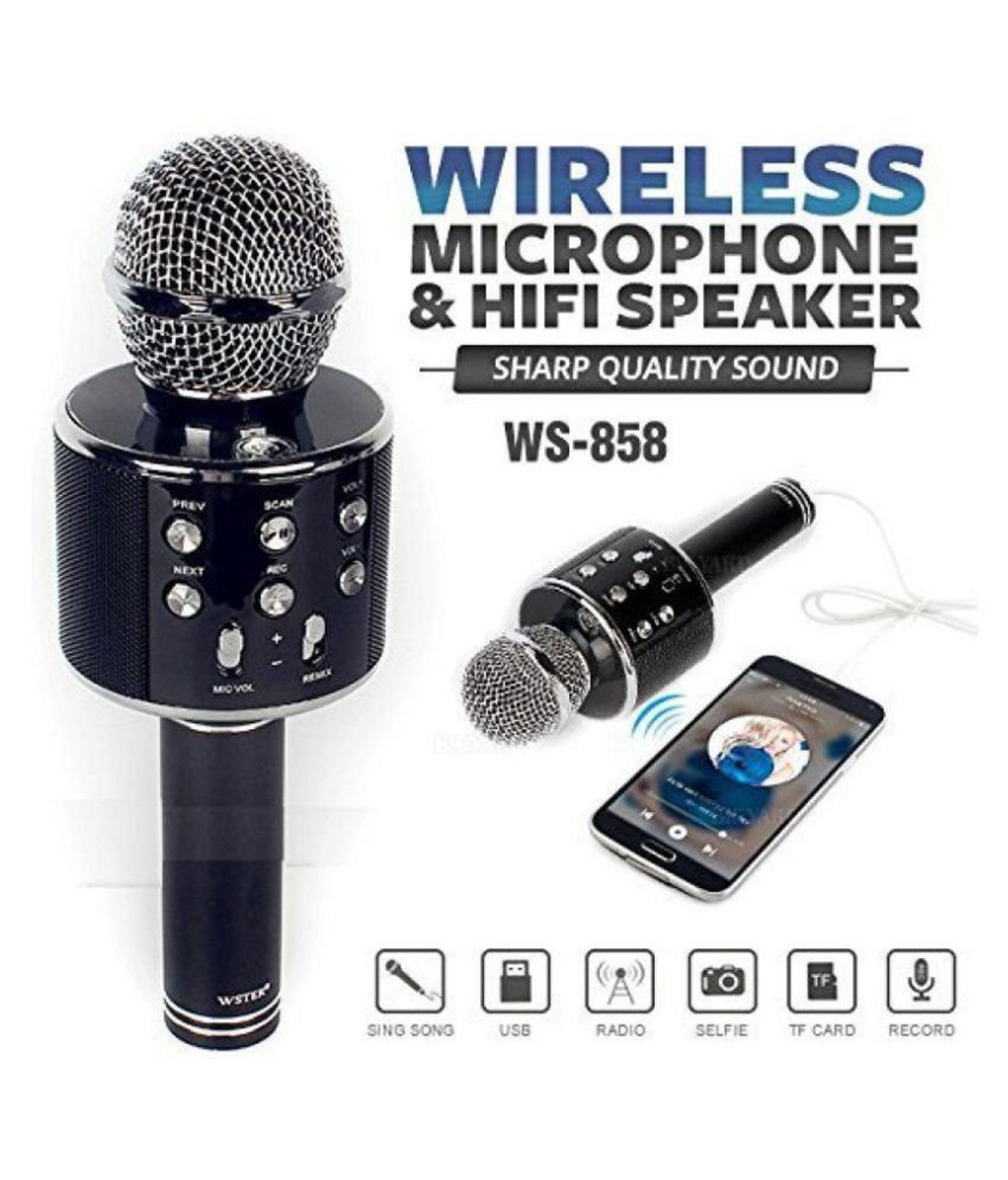 Micro Hát Karaoke Bluetooth Không Dây WS-858，Kèm loa Âm vang Ấm mic hát karaoke cầm tay mini micro hát trên xe hơi mic hát , loa bluetooth mini giá rẻ