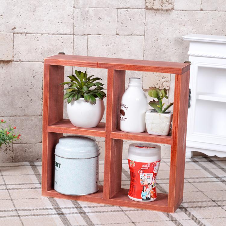 Zakka Cửa Hàng Tạp Hóa Gỗ Thịt Bốn Ô Tường Phòng Khách Màu Đỏ Phục Cổ Treo Tường Gía Để Đồ Đồ Dùng Gia Đình Sáng Tạo Gỗ Tự Nhiên Kẻ Sọc