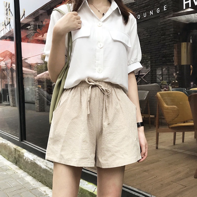 Quần đùi nữ mặc nhà quần đùi ống rộng mặc nhà quần short nữ chất đũi thấm hút mồ hôi cạp chun thắt nơ xinh Nhật Linh  -  Q580