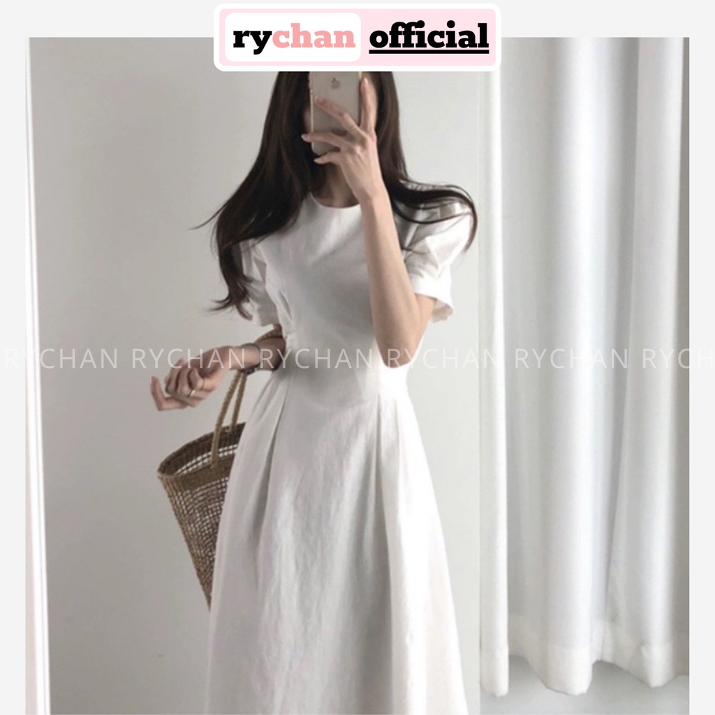 Đầm Xòe Midi Tay Phồng Cột Eo 2 Màu Đơn Giản  - DX0069