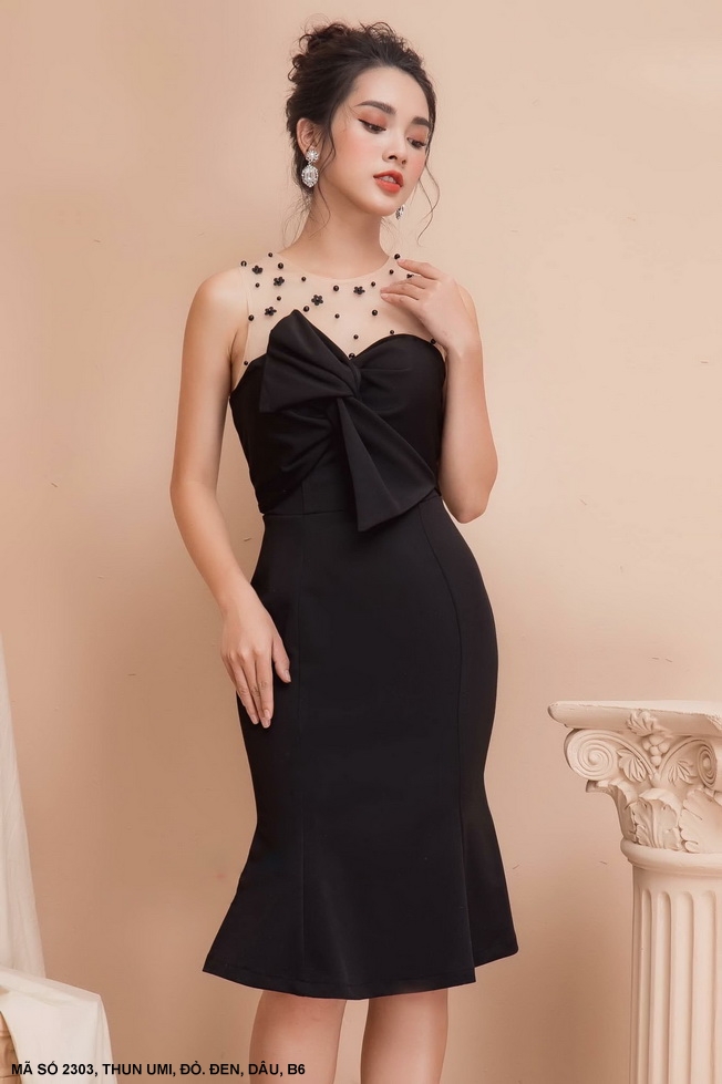 MyDu Shop | Đầm Ôm Cúp Ngực MS 2303 – Phối Lưới Nhẹ Nhàng, Đính Ngọc Trai Tinh Tế
