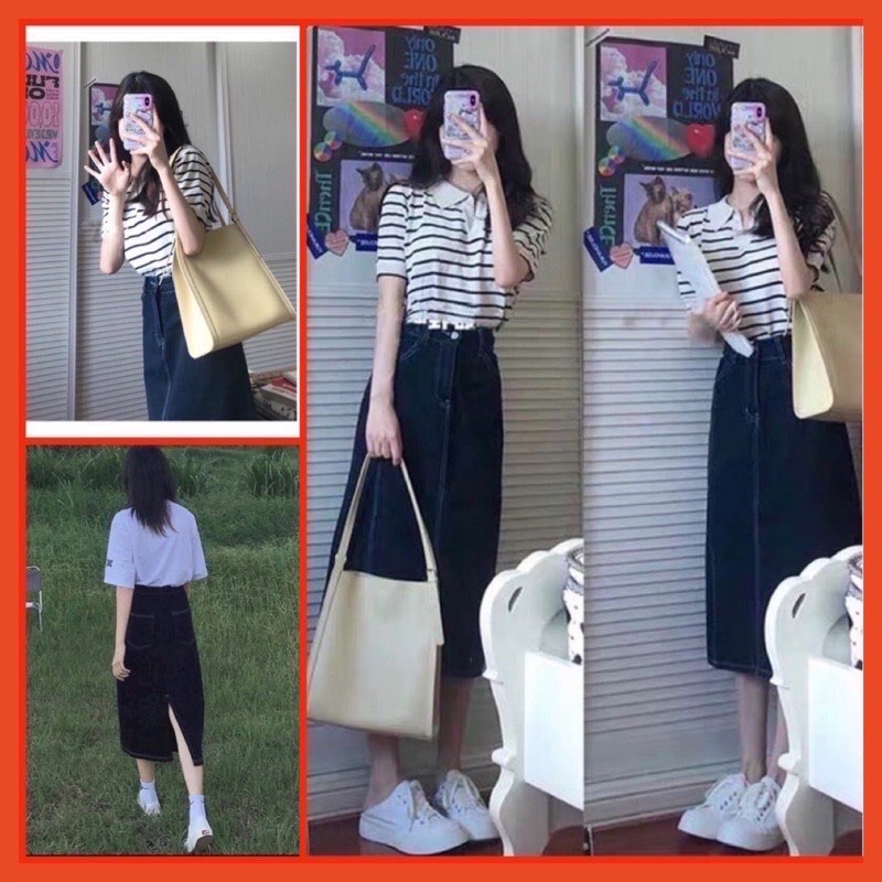 CHÂN VÁY BÒ ĐEN CHỈ NỔI VÀNG #919