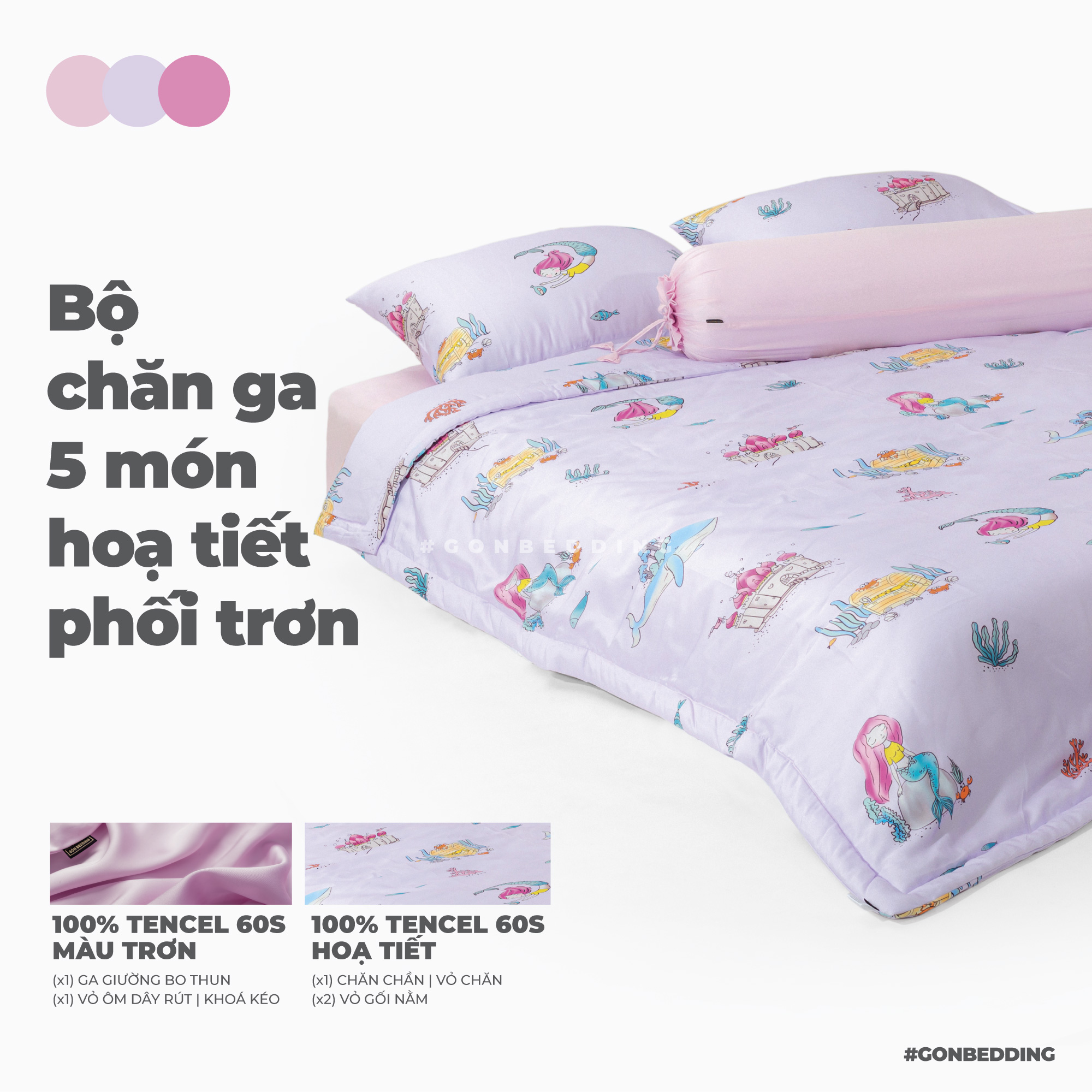 (Mẫu Mới) Bộ Chăn Ga Gối 5 Món Gòn Bedding Lụa Tencel 60s Hoạ Tiết 1m6x2m, 1m8x2m