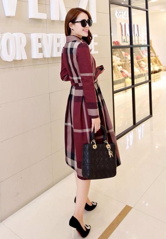 Đầm xòe kẻ caro dài tay - DX01 (Đỏ đô)