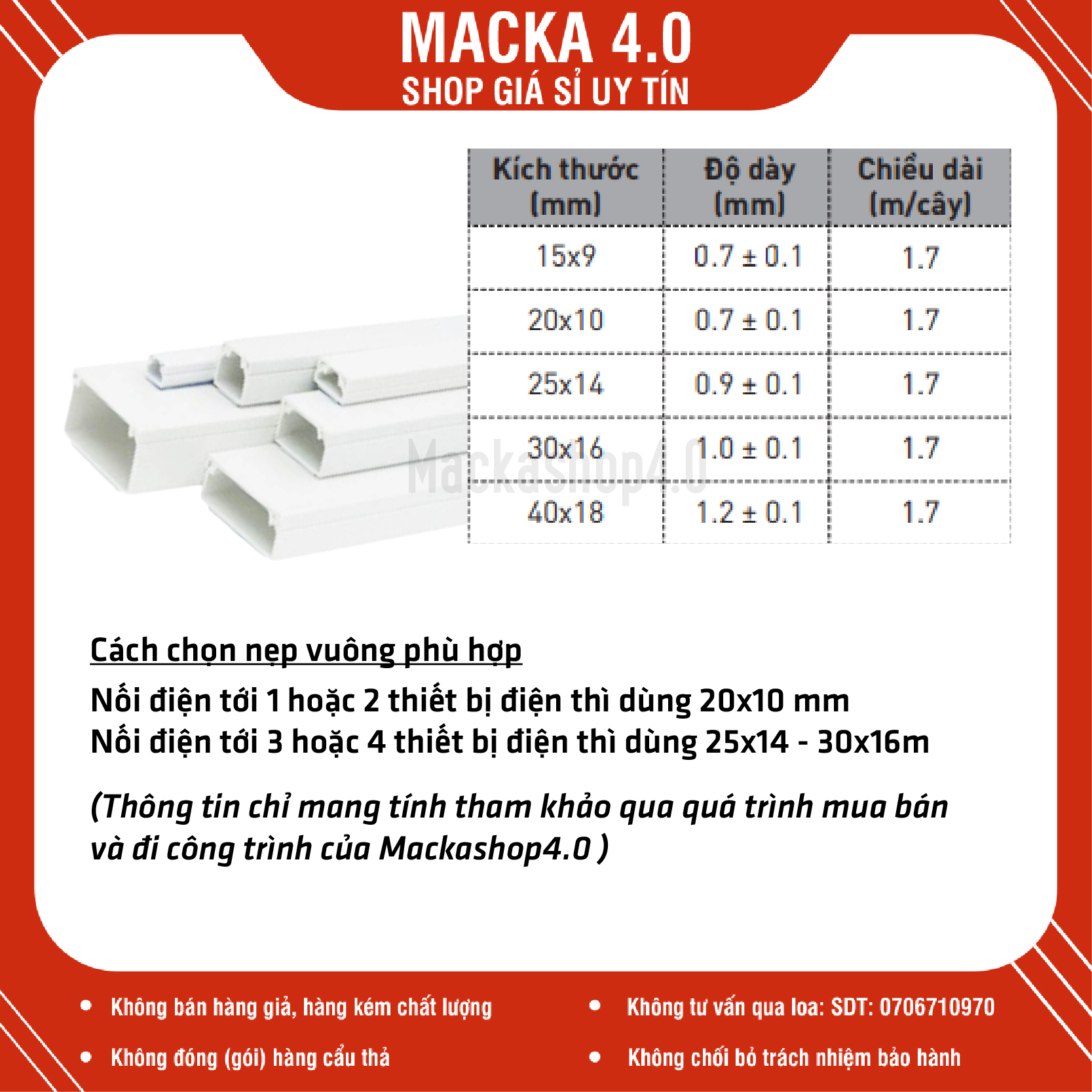 Nẹp vuông luồn dây điện Nanoco dái 1,7m đủ kích thước