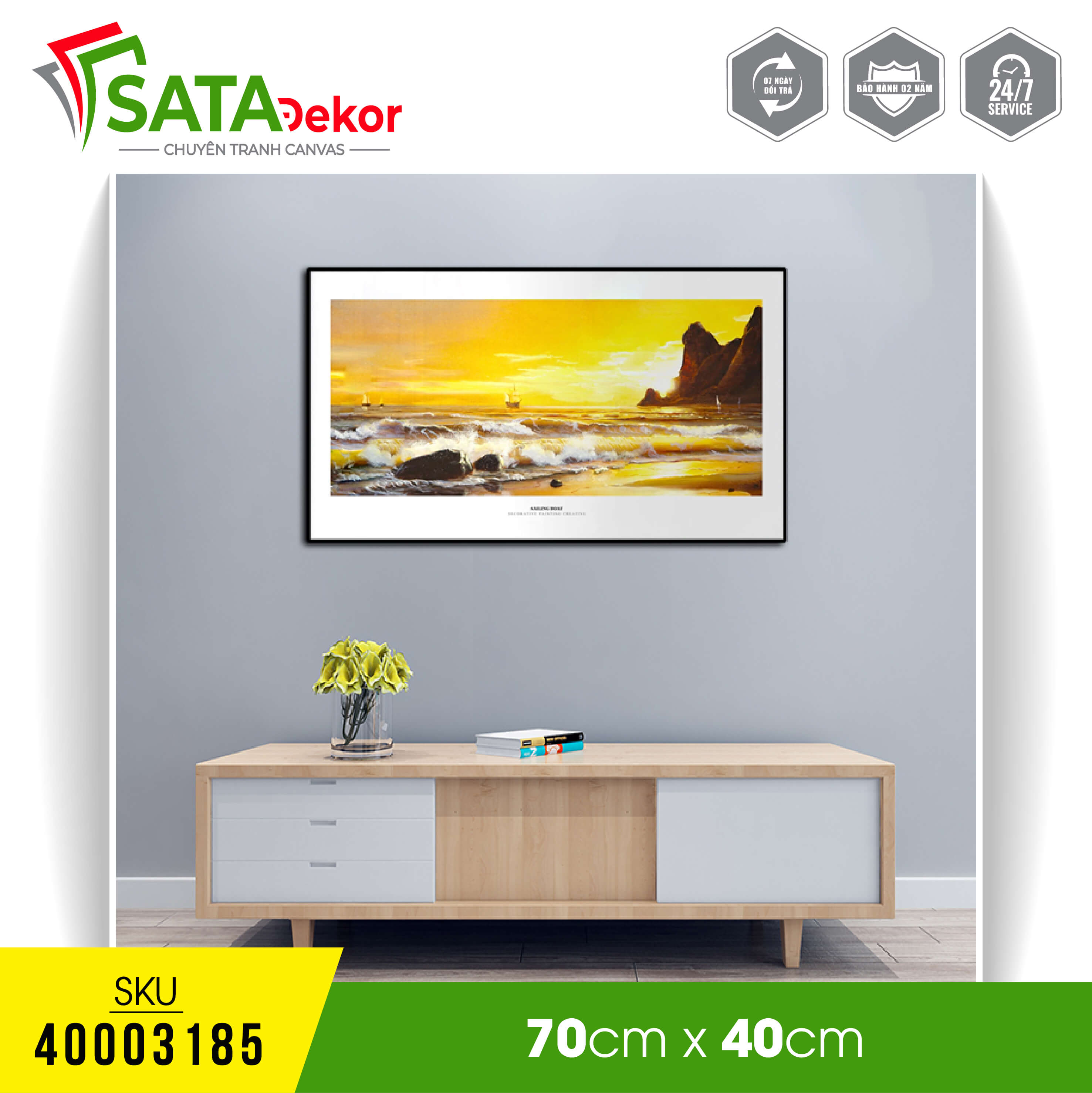 Tranh vải treo tường in trên canvas cảnh biển vàng tối giản hiện đại phong cách Bắc Âu (40003185)