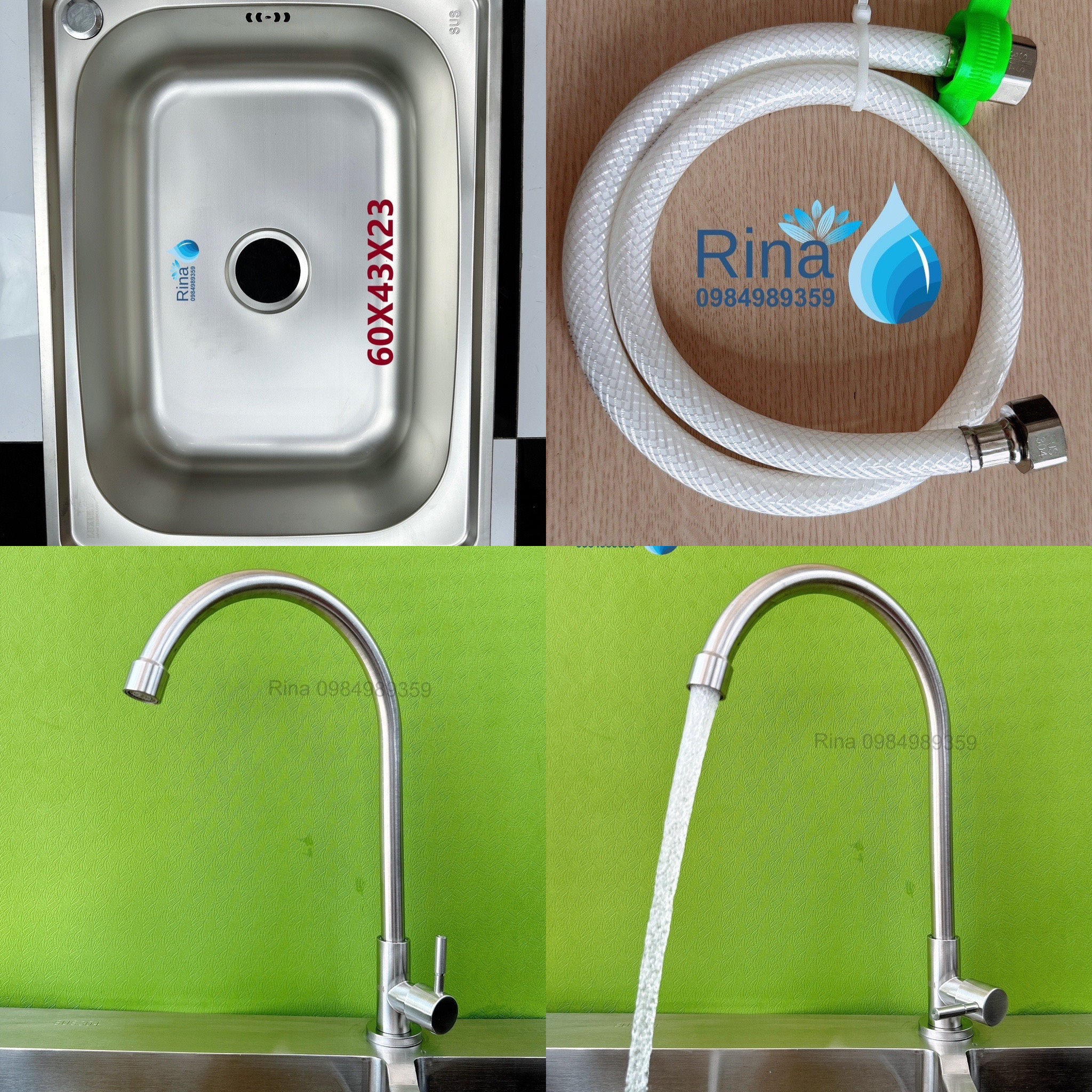 Bồn chậu rửa chén bát inox 1 học rina c07 kt 60x43 và 42x37, bồn rửa chén 1 hộc tặng bộ xả inox