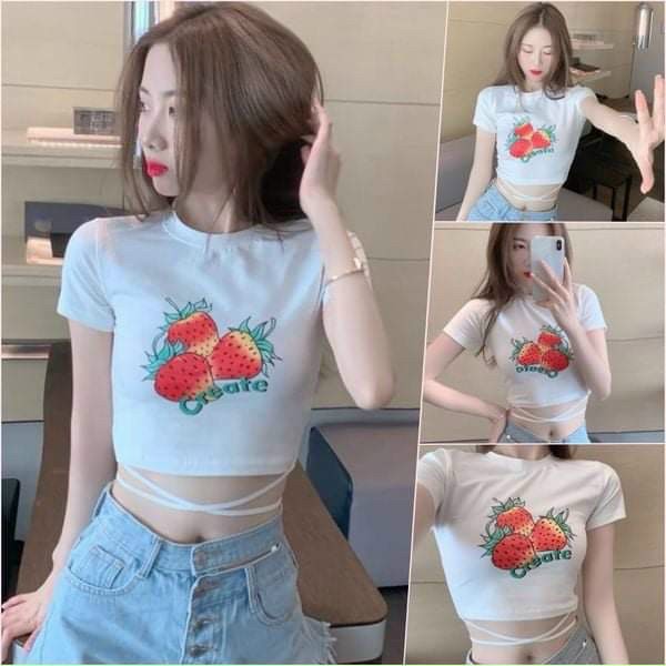 Áo thun borip croptop in 3 trái dâu kèm thắt nơ bụng cute ttsla0616