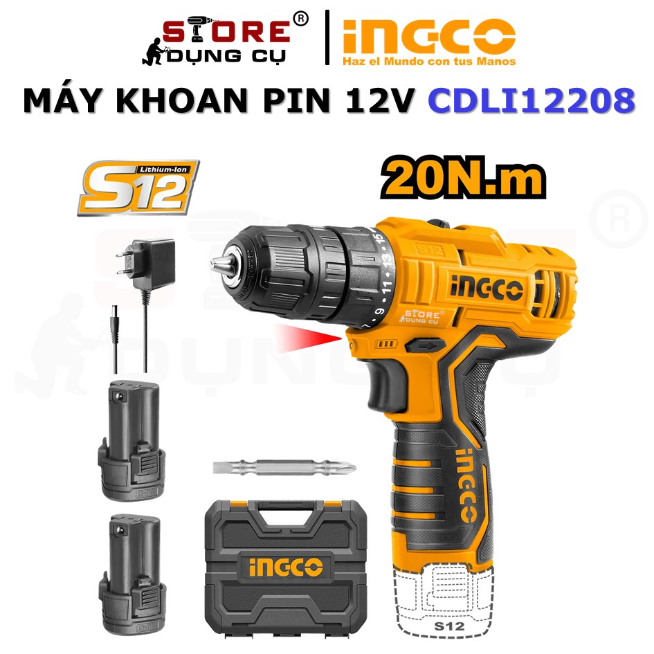 Máy khoan dùng pin lithium 12v ingco cdli12208 | kèm 2 pin và 1 sạc