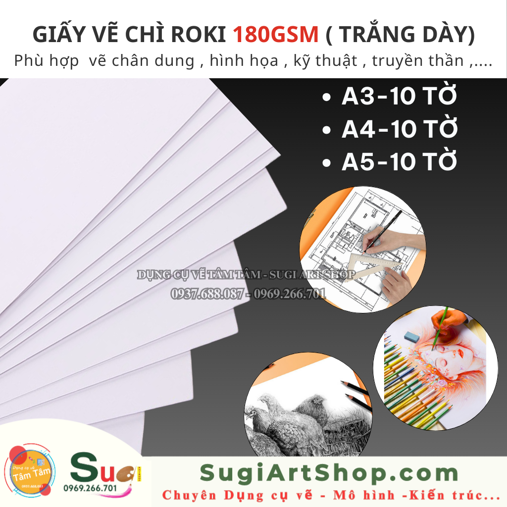 Giấy Roki 180gsm - A3 / A4 / A5 - XẤP 10 TỜ , Giấy kỹ thuật, Giấy vẽ chân dung, phác thảo định lượng 180gsm