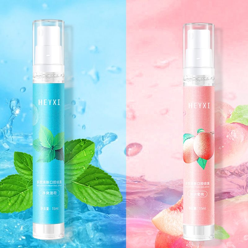 Xịt thơm miệng Heyxi vị đào và bạc hà thơm mát dung tích 15ML kháng khuẩn, khử mùi hôi, chăm sóc răng miệng