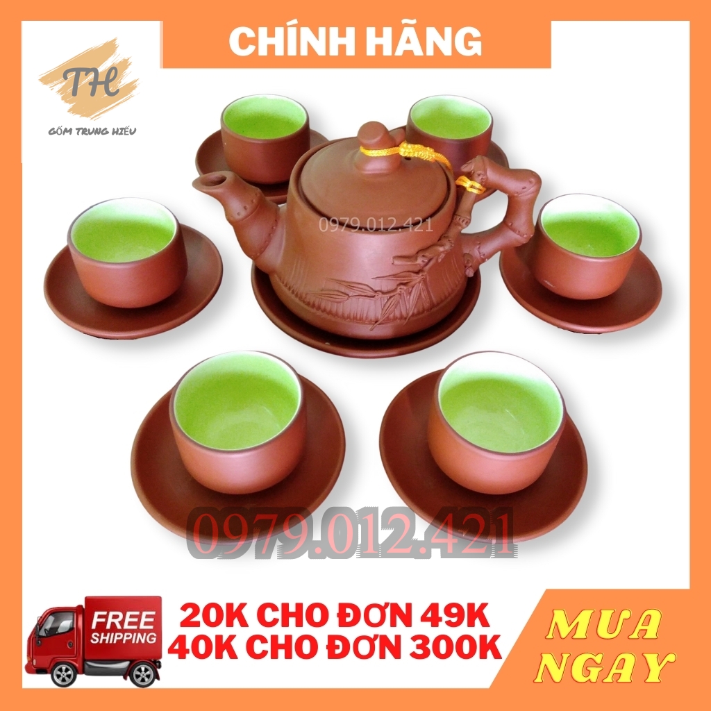 [Sale sốc] Bộ ấm chén Tử Sa Bát Tràng đắp nổi Trúc đỏ Bát Tràng