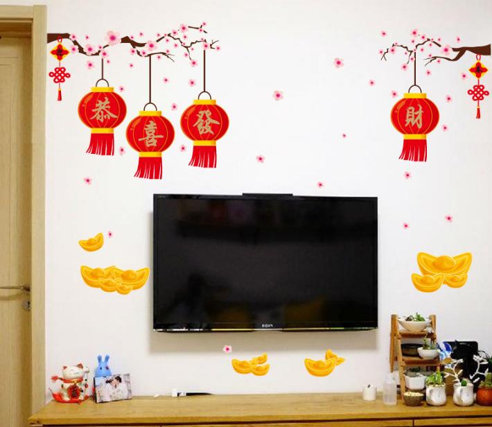 [HCM]Decal Trang Trí Tết - Lồng Đèn Đỏ Và Nén Vàng Phú Quý